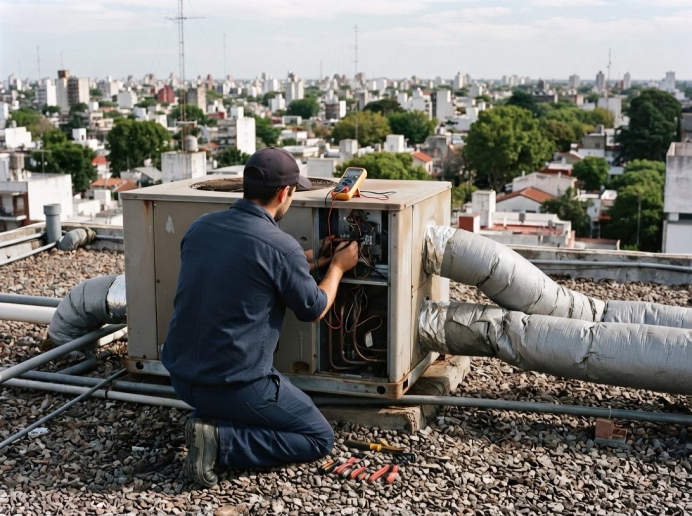 Service de un equipo de aire acondicionado central en una terraza