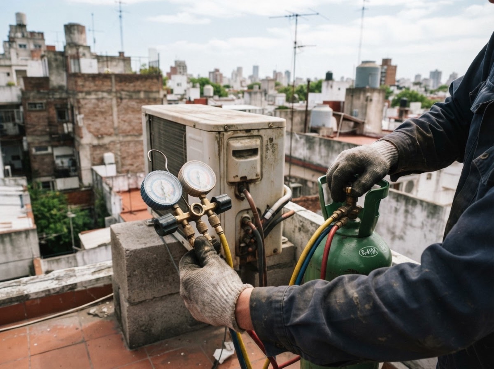 Carga de gas refrigerante con manómetros en la unidad exterior