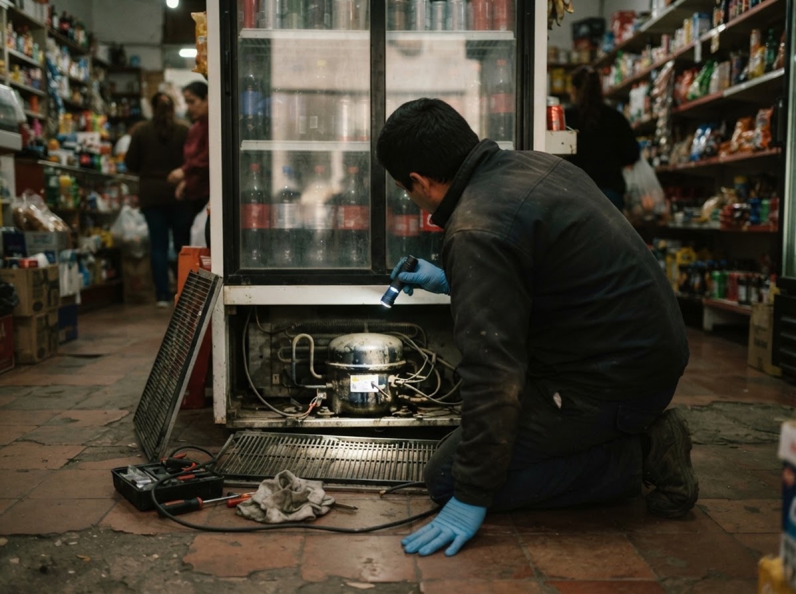 Reparación de una heladera exhibidora en un almacén